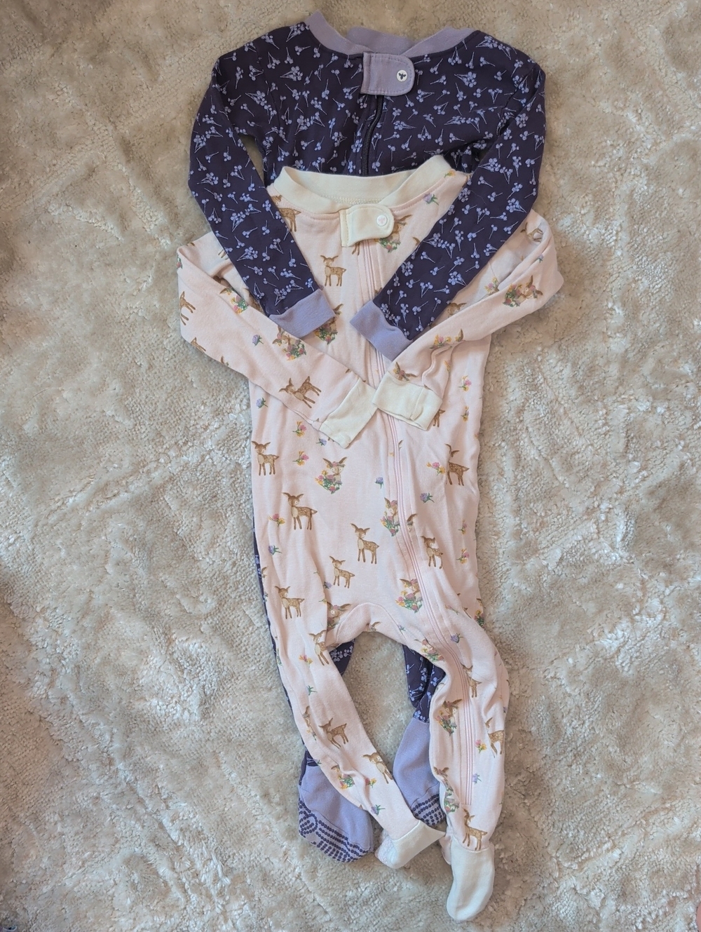 Burt's Bees Baby Two-Pack Footed One-Pieces in Pink Deer And Purple Floral Print